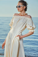 Ecru Off shoulder  elastic  linen dress  93569