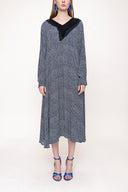 Navy Blue Ecru Pleated neck wide cut dress 93720