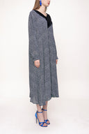 Navy Blue Ecru Pleated neck wide cut dress 93720