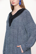 Navy Blue Ecru Pleated neck wide cut dress 93720