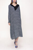 Navy Blue Ecru Pleated neck wide cut dress 93720