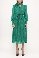 Green Lace-up neck wide cut shoulder padded dress  93734