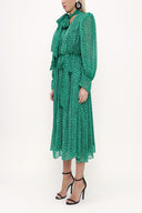 Green Lace-up neck wide cut shoulder padded dress  93734