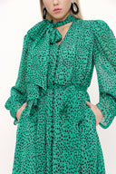 Green Lace-up neck wide cut shoulder padded dress  93734