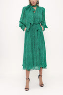 Green Lace-up neck wide cut shoulder padded dress  93734