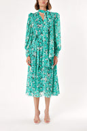 Patterned Lace-up neck wide cut shoulder padded dress  93734