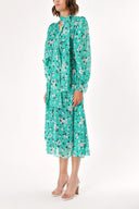 Patterned Lace-up neck wide cut shoulder padded dress  93734