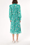 Patterned Lace-up neck wide cut shoulder padded dress  93734