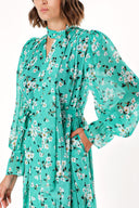 Patterned Lace-up neck wide cut shoulder padded dress  93734