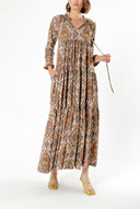 Brown Pleated wide cut V-neck dress 93755