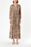 Brown Pleated wide cut V-neck dress 93755