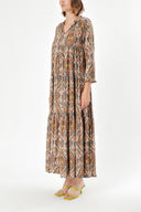 Brown Pleated wide cut V-neck dress 93755