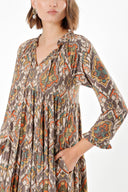 Brown Pleated wide cut V-neck dress 93755