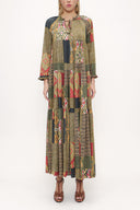 Khaki Pleated wide cut V-neck dress 93755