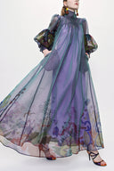 Navy Blue Tie neck gown organza dress 93795