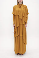 Mustard Long viscose dress with asymmetric flounces and tie neck 93802