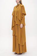 Mustard Long viscose dress with asymmetric flounces and tie neck 93802