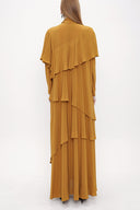 Mustard Long viscose dress with asymmetric flounces and tie neck 93802