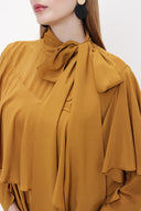 Mustard Long viscose dress with asymmetric flounces and tie neck 93802