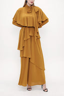 Mustard Long viscose dress with asymmetric flounces and tie neck 93802