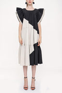 Black Beige Kontrast colorful shirred dress 93944