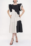 Black Beige Kontrast colorful shirred dress 93944