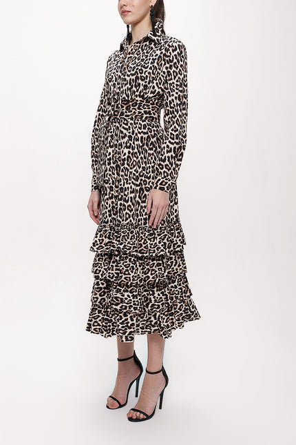Leopar Fırfırlı Uzun Gömlek Elbise 93979