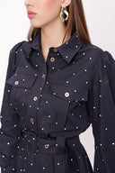 Navy Blue Pleated and belt detailed dress 93994