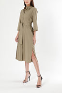 Dark Khaki Belted wide cut poplin dress 93995