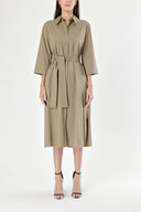 Dark Khaki Belted wide cut poplin dress 93995