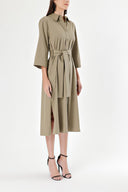 Dark Khaki Belted wide cut poplin dress 93995