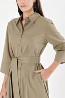 Dark Khaki Belted wide cut poplin dress 93995