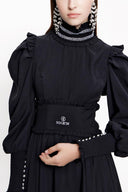 Black Long dress with ruffled stripe detail 93999