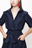 Navy Blue Pleated long shirt dress 94067