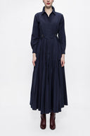 Navy Blue Pleated long shirt dress 94073