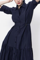 Navy Blue Pleated long shirt dress 94073