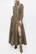 Khaki Pleated long shirt dress 94073