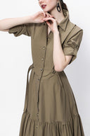 Khaki Pleated long shirt dress 94073