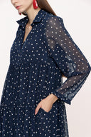 Navy Blue Ecru Pleated wide cut dress 94027