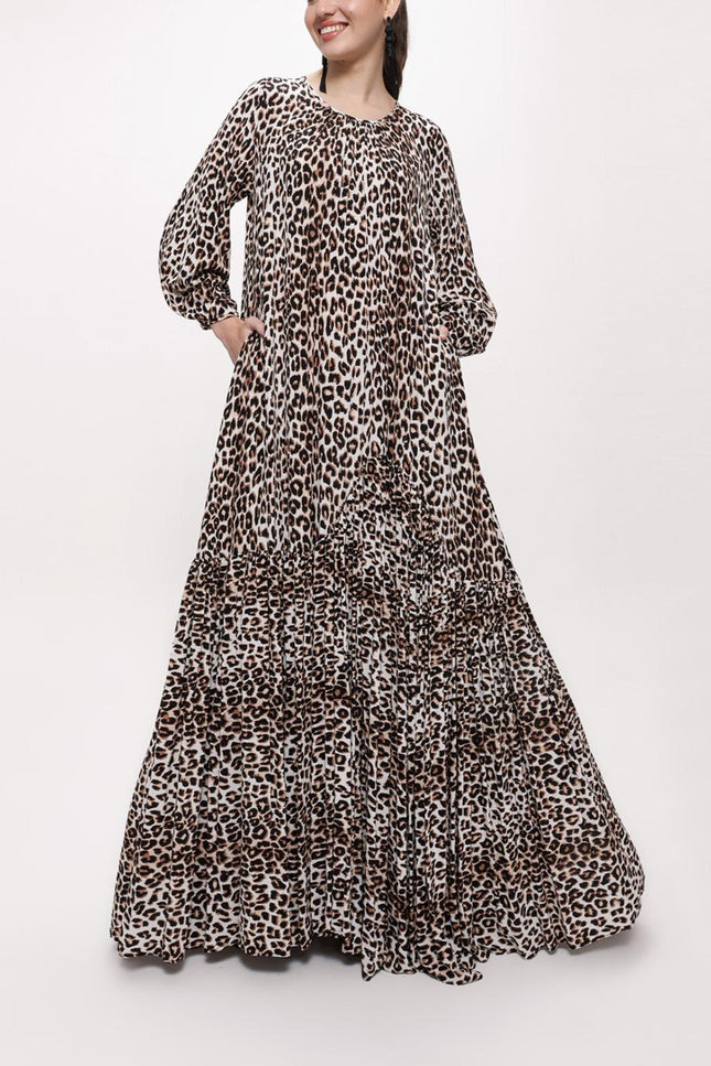 Leopar Büzgülü Bol Kesim Uzun Elbise 94105