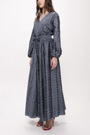 Gray V-neck long dress with elastic waist 94113