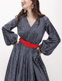 Gray V-neck long dress with elastic waist 94113