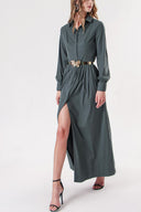 Green Pleated long shirt dress 94149