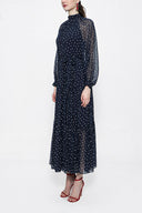 Navy Blue Pleated wide cutlong dress 94158