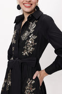 Black Sequin embroidered long taffeta shirt dress 94159