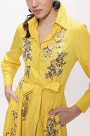 Yellow Sequin embroidered long taffeta shirt dress 94159