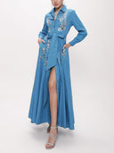 Blue Sequin embroidered long taffeta shirt dress 94159