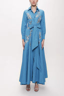 Blue Sequin embroidered long taffeta shirt dress 94159