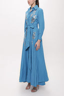 Blue Sequin embroidered long taffeta shirt dress 94159