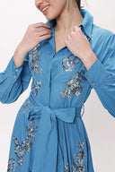 Blue Sequin embroidered long taffeta shirt dress 94159